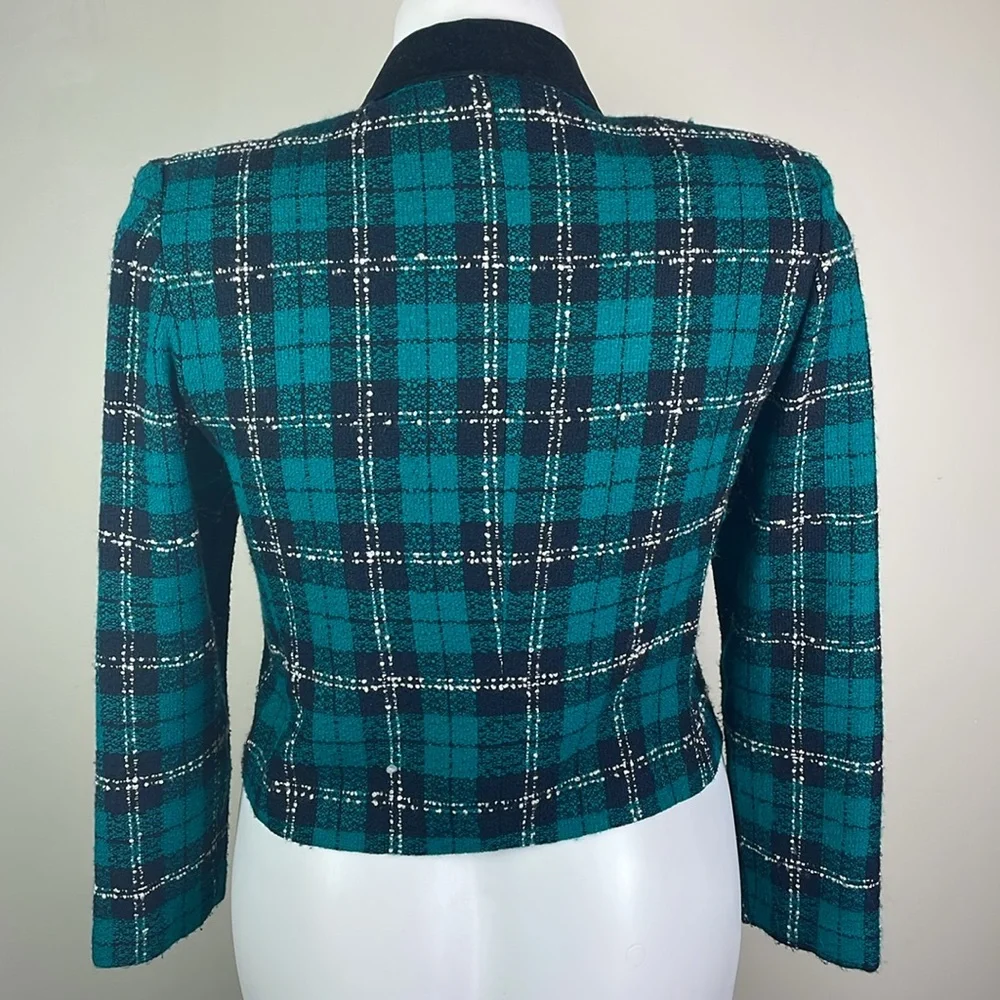 Positive Attitude Vintage Tweed Blazer Velvet Collar Teal Green Plaid